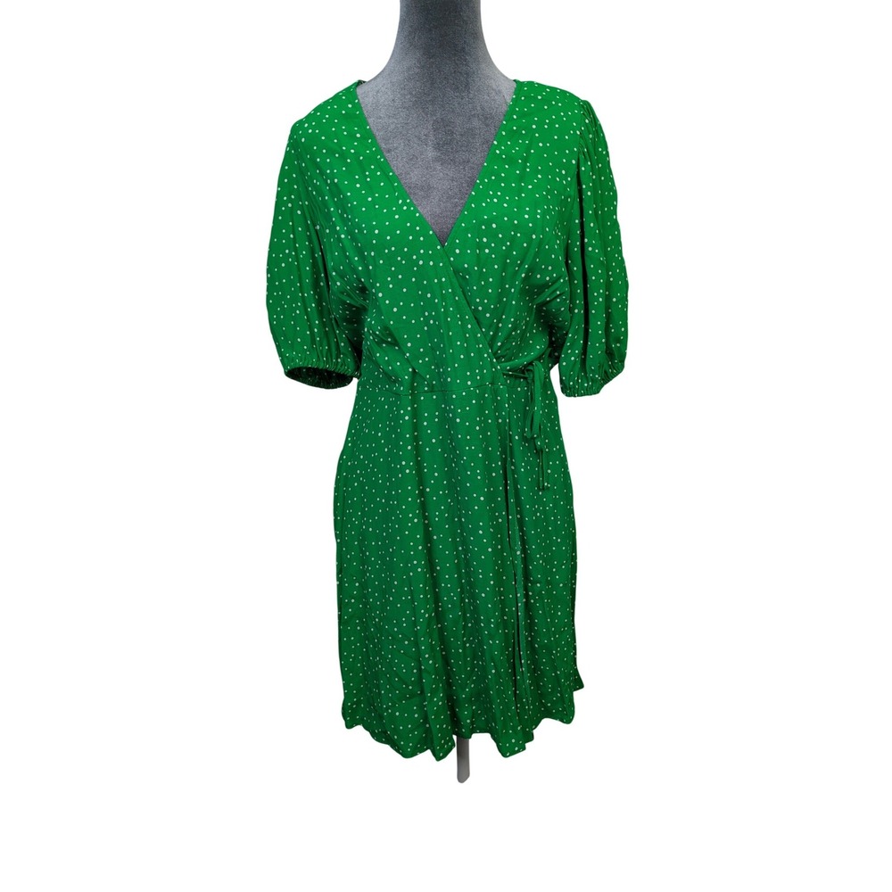 A New Day Women's Medium Green Polka Dot Wrap Dress Puff Sleeve NWT